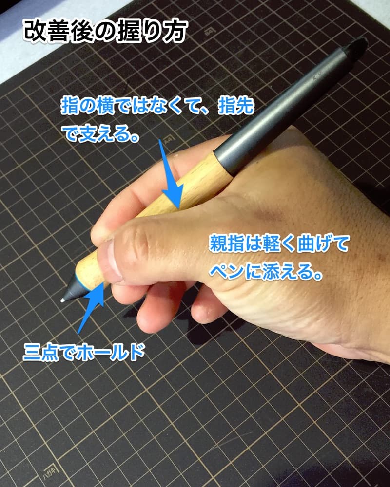 改善後の握り方。指の横ではなく指先で支える