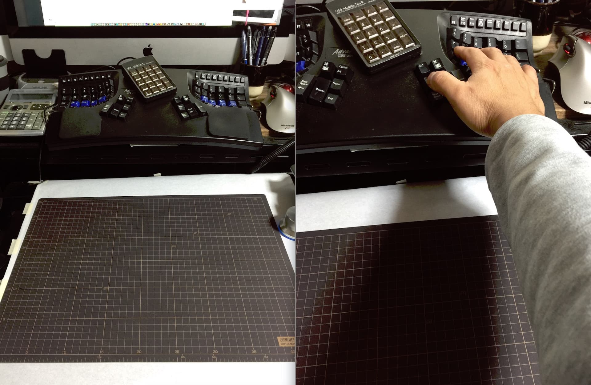 分割型キーボードとタブレットを並べた作業環境